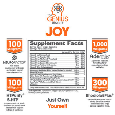 Genius Joy, Nootropic Mood Enhancer Supplement - Support Cognitive Health, Enhance Mood & Neural Function with Brain Boosting L-Theanine, Panax Ginseng & SAM-e