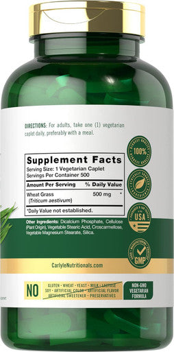 Carlyle Wheat Grass Supplement | 500 Vegetarian Caplets | Non-GMO Gluten Superfood