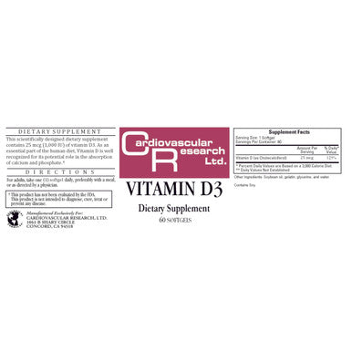 Cardiovascular Research Vitamin D3 1,000 Iu 25 Mcg To Support Bones Muscles Heart And Immune Health - High Absorption 120 Capsules