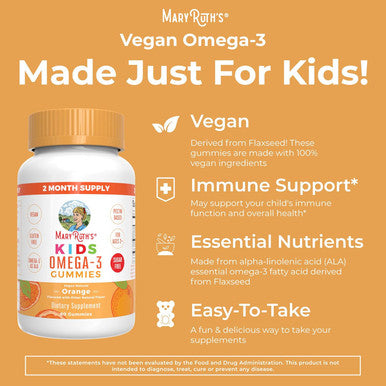 Maryruth Organics Vegan Omega 3 Gummies for Kids 2+ 2 Month Supply Sugar Omega 3 Supplement with Vitamin C Flaxseed Oil Immune Support Essential Nutrient ALA No Fish Taste 60 Count