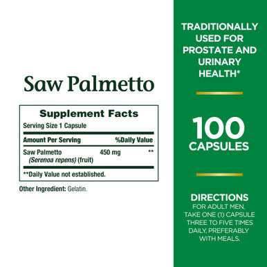 Nature's Bounty Saw Palmetto Herbal Health Supplement Prostate And Urinary Health 450 Mg 100 Capsules