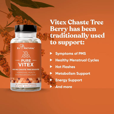 Eu Natural Vitex Pure 400 Mg Chasteberry Natural PMS Support Balance Hormones Regulate Cycle Promote Skin Health Full-Spectrum & Standardized 60 Vegan Soft Capsules
