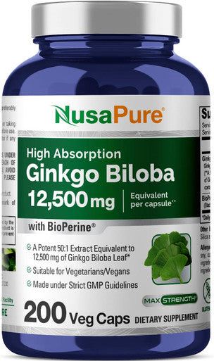 Nusapure Ginkgo Biloba Extract 12500Mg Per Veggie Caps 200 Capsules (Vegetarian Non-Gmo Vegan Extract 50:1) Bioperine