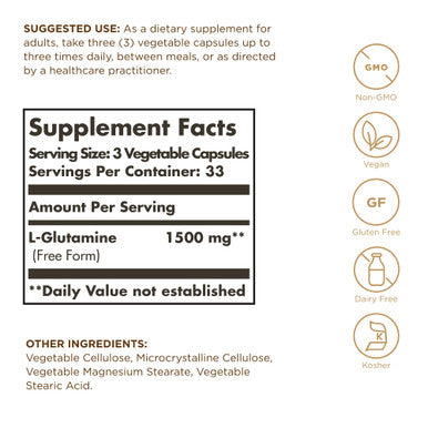 Solgar L Glutamine 500 Mg 100 Vegetable Capsules Natural Muscle Food - Non-Gmo Vegan Gluten Free Dairy Free Kosher - 33 Servings