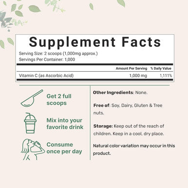 Micro Ingredients Pure Vitamin C Crystal Powder (Water Soluble Vitamin C 1000mg Per Serving) 1 KG (2.2 Pounds) Immune Vitamins and Strong Antioxidant Pure Ascorbic Acid Powder Supplement