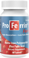Proferrin Forte-12mg of high Absorbing Heme Iron Polypeptide. Easy on The Gut. 90 Tablets. 1mg of Folic Acid to aid in red Blood Cell Production. Not affected by Coffee, Calcium, or PPI's.