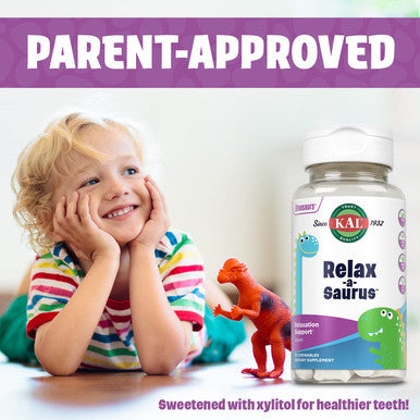 KAL Relax-a-Saurus, Stress Support Supplement for Kids, L-Theanine for Children with Herbal Stress Relief & Relaxation & Blend, Delicious Natural Grape Flavor, 60-Day , 30 Chewables