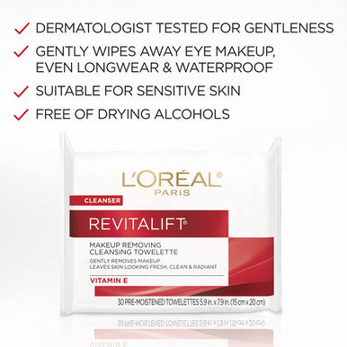 L'Oreal Paris Revitalift Makeup Removing Facial Cleansing Towelettes With Vitamin E 30 Ct. (Pack Of 2)