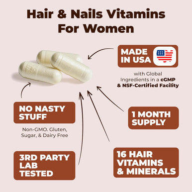 Biotin Hair, Skin & Nails Vitamins For Women & Men. Includes Vitamin C To Support Collagen. Supplements For Strong Hair, Radiant Skin & Nail Growth. Biotin & Folate Supplement For Women. 60 Capsules
