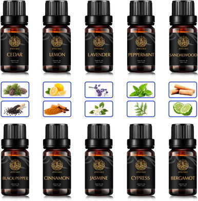 Aromatherapy Black Pepper Essential Oil Set for Diffuser, 100% Pure Cedar Essential Oil Kit for Humidifier, 10x10ml Therapeutic Grade Essential Oils Set - Cinnamon, Cypress, Jasmine, Sandalwood Oils