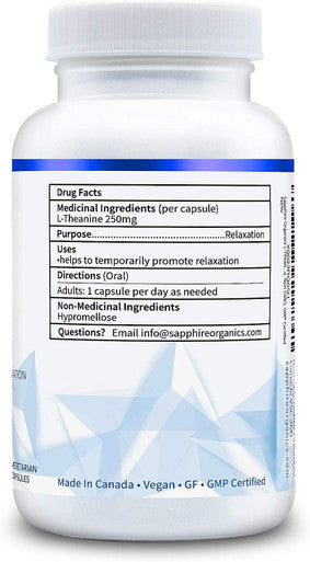Sapphire Organics - L-Theanine, Purest Formula ZERO Fillers, Premium Grade, 120 Capsules, Made in Canada
