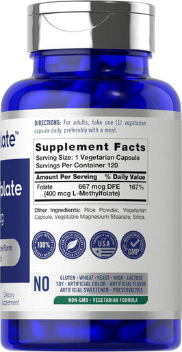 Carlyle L Methylfolate 400mcg | 120 Capsules | Vegetarian | Non-GMO Gluten | Optimized and Activated Methyl Folate | by Opti-Folate