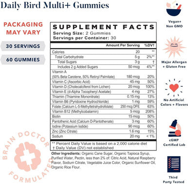 Best Nest Wellness Multi Plus Gummies - Brain Health Support Supplement With Methylated Vitamins - Chewable Multivitamin For Kids - Aids Healthy Energy & Immune Function - Raspberry, 60 Gummies
