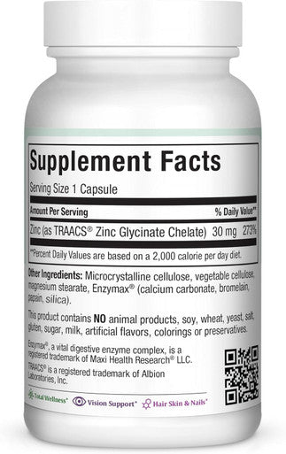 Zinc 30 - Zinc Vitamin With Enzymax For Enhanced Absorption - Highest Potency Immune Support - Glycinate Chelated Zinc Supplements For Adults - Zink Vitaminas - Kosher Made In Usa - 100 Count Capsules