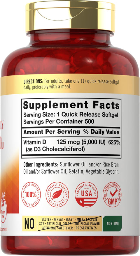 Carlyle Vitamin D3 5000 IU Softgels 500 Count Value Size NonGMO and Gluten Free Supplement High Potency Formula 125mcg