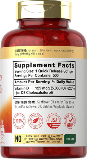 Carlyle Vitamin D3 5000 IU Softgels | 500 Count | Value Size | Non-GMO and Gluten Supplement | High Potency Formula | 125mcg