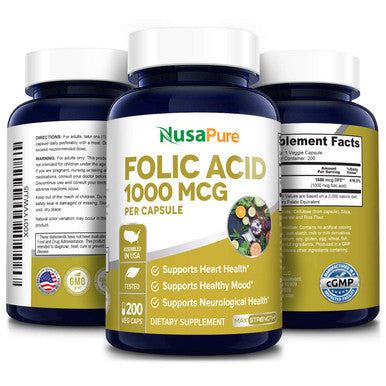 NusaPure Folic 1000mcg 200 Veggie Caps (Non-GMO, Vegetarian & )