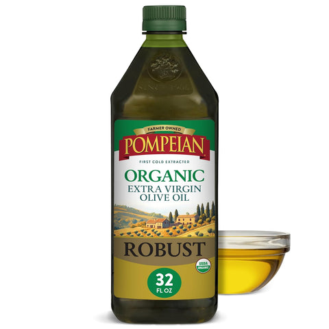 Pompeian Smooth Organic Extra Virgin Olive Oil - 16 fl oz | First Cold Pressed Olive Oil for Cooking - Smooth Taste for Sauteing, Stir-Frying, and Baking