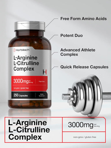 HorbAach L Arginine L Citrulline Complex 3000Mg 250 Capsules Non Gmo Gluten Supplement