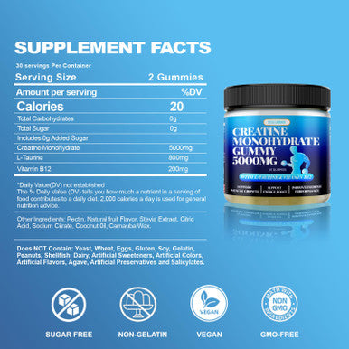 BSSTABBON Creatine Monohydrate Gummies 5000Mg With L-Taurine And Vitamine B12 Per Serving 60 Count