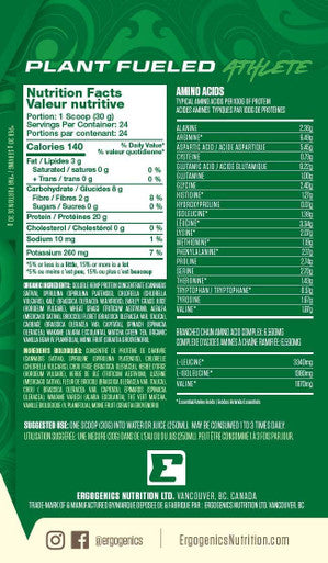 Ergogenics Plant Protein +Greens Vanilla (720 Gram, 24 Servings) - Best Plant-Based Protein to Build Muscle - Organic, Nutrient Rich, Gluten Free, Non Dairy, Vegan, Non Soy & Pea, Non GMO, Zero Sugar