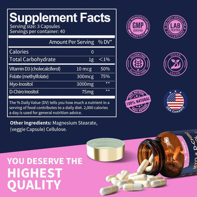 Inositol Supplement For Women With Vitamin D3, Folate, 40:1 Ratio Myo-Inositol 3000Mg & D-Chiro Inositol 75Mg Complex, (Vitamin B8) Inositol Capsules, Pack Of 2