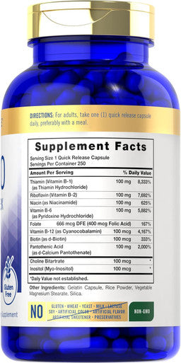 Carlyle B-100 Complex Vitamin | 250 Capsules | Non-GMO Gluten Supplement