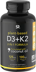 Sports Research Vegan Vitamin D3 K2 Supplement with Organic Coconut Oil 5000iu Vitamin D with 100mcg Mk7 Vitamin K Supports Calcium for Stronger Bones Immune Health 60 Softgels for Adults