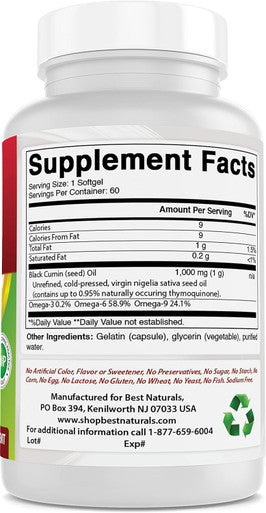Best Naturals 2 Packs Black Seed Oil Capsules 1000 mg (Non-GMO) Nigella Sativa - 100% Cold Pressed Black Cumin Seed Oil Pills Contains Thymoquinonoe 60 Count (Total 120 Softgels)