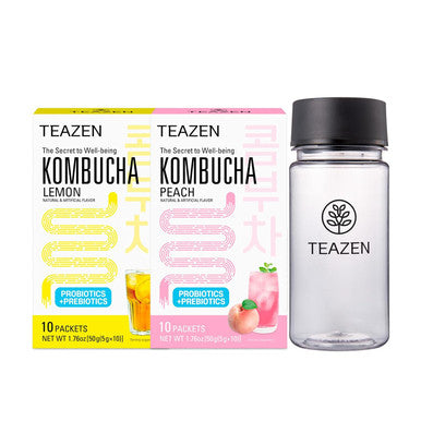 Teazen Kombucha Lemon Peach Flavor 2 Pack with Classic Eco Bottle (Kombucha Powder 20 Sticks Eco Bottle 1EA x 11.8oz)