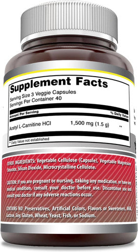 Amazing Nutrition Formulas Acetyl L-Carnitine 1500 Mg Per Serving Veggie Capsules Supplement | Non-GMO | Gluten | Made in USA | Suitable for Vegetarians (120 Count) | Pack of 3