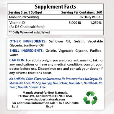 Best Naturals Vitamin D3 5000 IU 360 Softgels