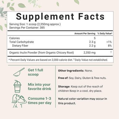 Micro Ingredients Organic Chicory Root Inulin Powder 2 Pounds | Natural Prebiotic Fiber Supplement | Intestinal Support for Colon and Gut Health | Non-GMO and Vegan Friendly