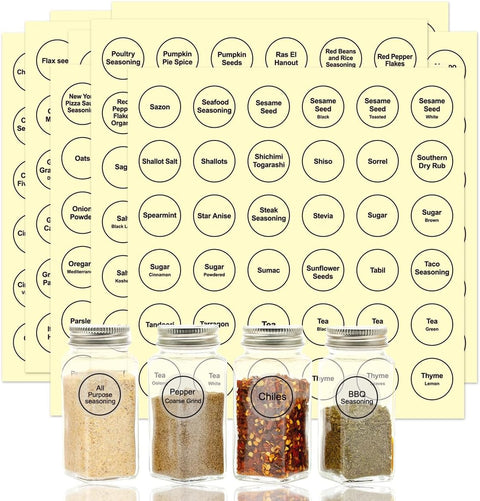 Spice Labels, 432Pcs Spice Labels Stickers 1.4in Waterproof Adhesive Round Preprinted Spice with Blank Label Black Tear Resistant Sticker for Kitchen Jars Caps Food Containers Spice Organizers
