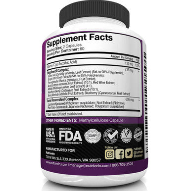 Nutrivein Resveratrol 1450mg - Antioxidant Supplement 120 Capsules Supports Healthy Aging and Promotes Immune, Brain Boost and Joint Support - Made with -Resveratrol, Green Tea Leaf, Acai Berry