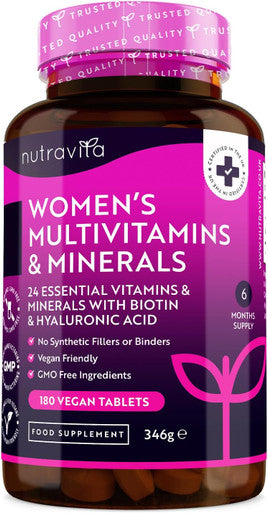 Women'S Multivitamins And Minerals - 24 Essential Active Vitamins And Minerals With Added Hyaluronic Acid - 180 Vegan Tablets - No Synthetic Fillers Or Binders - Made In The Uk By Nutravita