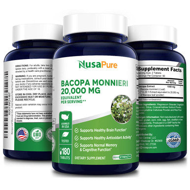NusaPure Bacopa Leaf Monnieri Extract 20,000 mg 180 Tablets (Extract 20:1, Non-GMO & )