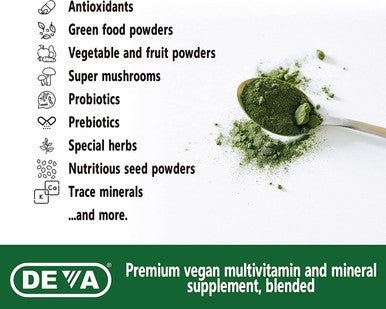 Deva Tuba Prime Vegan Multivitamin Iron- High-Potency Vitamin & Mineral Dietary Supplement Antioxidants, Fruit & Veg Blend, Super Mushrooms, Probiotics, Prebiotics, Seeds, Herbs 90 Tabs 2-Pack
