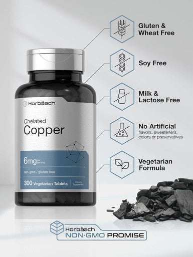 HorbAach Chelated Copper Supplement 6Mg 300 Tablets Essential Trace Mineral Vegetarian, Non-Gmo, Gluten Free