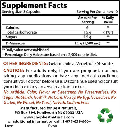 Best Naturals D-Mannose Capsules - Urinary Tract Cleanse Supplement 1500mg/Serving - 120 Count