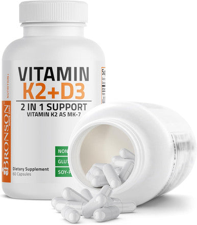 Bronson Vitamin K2 (Mk7) With D3 Supplement Non Gmo Formula 5000 Iu Vitamin D3 and 90 Mcg Vitamin K2 Mk-7 Easy To Swallow Vitamin D and K Complex 60 Capsules