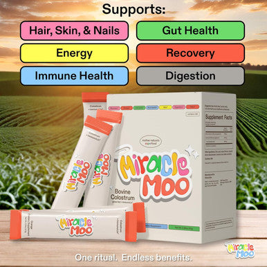 Miracle Moo Colostrum Supplement for Gut Health Hair Growth Beauty and Immune Support - Easy to Mix Grass Fed Bovine Powder - Highest IgG Plus ImmunoLin (30 Servings (Stick Packs) Orange)