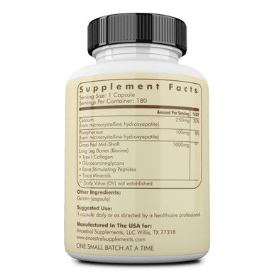 Ancestral Supplements Grass Fed Living Bone Supports Bone Strength, Flexibility, and Remineralization 180 capsules