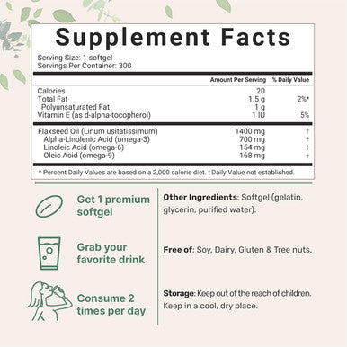 Micro Ingredients Flaxseed Oil 1400mg Softgels 300 Counts | w/ 700mg ALA Omega 3 Cold Pressed Rich in Fatty Acids Alpha Linolenic Acid Support Heart Health & Immune System | Non-GMO No Gluten - 300 Servings