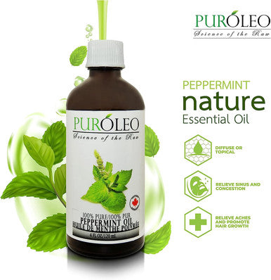 PUROLEO Peppermint Essential Oil, 4 FL OZ/120 ML (Large Bottle) 100% Pure Natural Undiluted, for Aromatherapy (MADE IN CANADA)