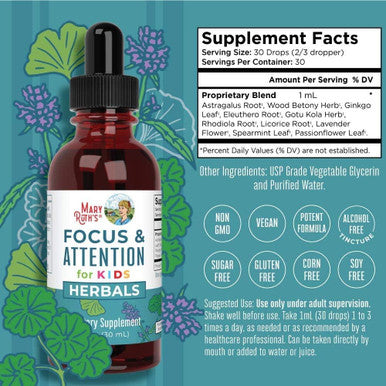 Maryruth Organics Kids Brain Supplements for Memory and Focus USDA Organic Drops with Ginkgo Biloba Rhodiola Root & Licorice Root Focus & Attention Calm Vegan Non-GMO Gluten 30 Servings