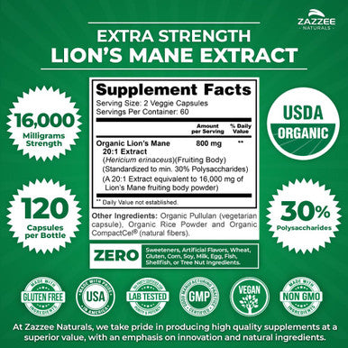 Zazzee Usda Organic Lion'S Mane 20:1 Extract, 16,000 Mg Strength, 120 Vegan Capsules, 60 Day Supply, Standardized And Concentrate
