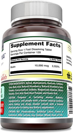 Amazing Nutrition Formulas Biotin Fast Dissolve 10000 mcg Tablets Supplement | Strawberry Flavor | Vitamin B7 | Non-GMO | Gluten | Made in USA (120 Count)