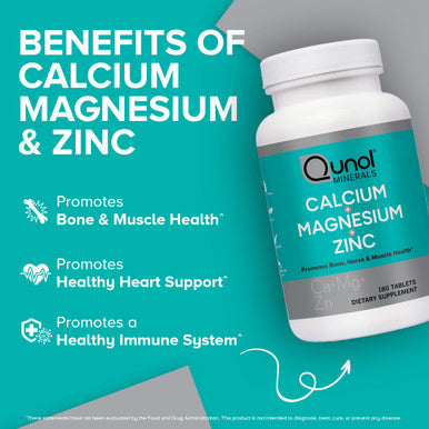 Qunol Magnesium 3 in 1 Tablets with Calcium, Magnesium & Zinc for Immune Support, Bone, Nerve, and Muscle Health Supplement, 180 Count