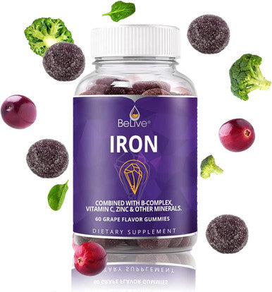 Belive Iron Gummies - Multivitamin With Iron, Vitamins & Zinc For Blood Oxygen - Grape Flavor, Vegan Supplement For Women, Men & Kids